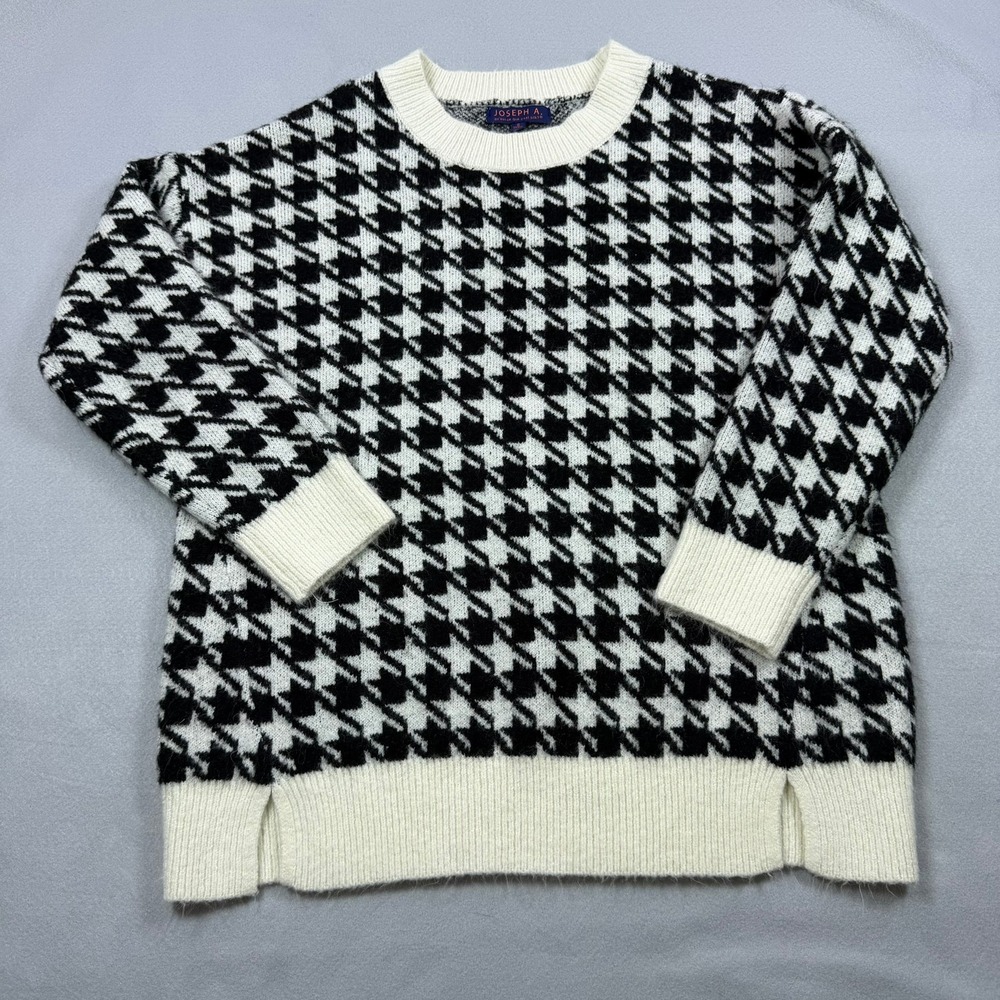 Joseph A. Black White Houndstooth Crew Neck Sweater Small Ribbed Side Slits
